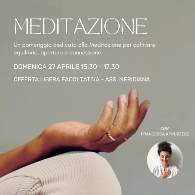 Domenica 27 uno spazio sacro da condividere insieme.

Un pomeriggio di Meditazione, Movimento e Creatività dedicato all' apertura del cuore. 

Uno spazio dove poterti ritrovare.
Dove puoi essere te stessə.
Dove l'incontro umano con te e l' altro diventa sacro. Vivo. Libero. Poetico.

Ingresso ad offerta libera facoltativa.
Prenotazione obbligatoria in dm.
@associazionemeridiana

Ti aspetto in cerchio 🤍